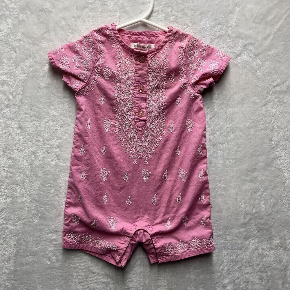 Pottery Barn Kids Romper‎ Baby Girl 3-6m Pink Embroidered Paisley Bandana Floral